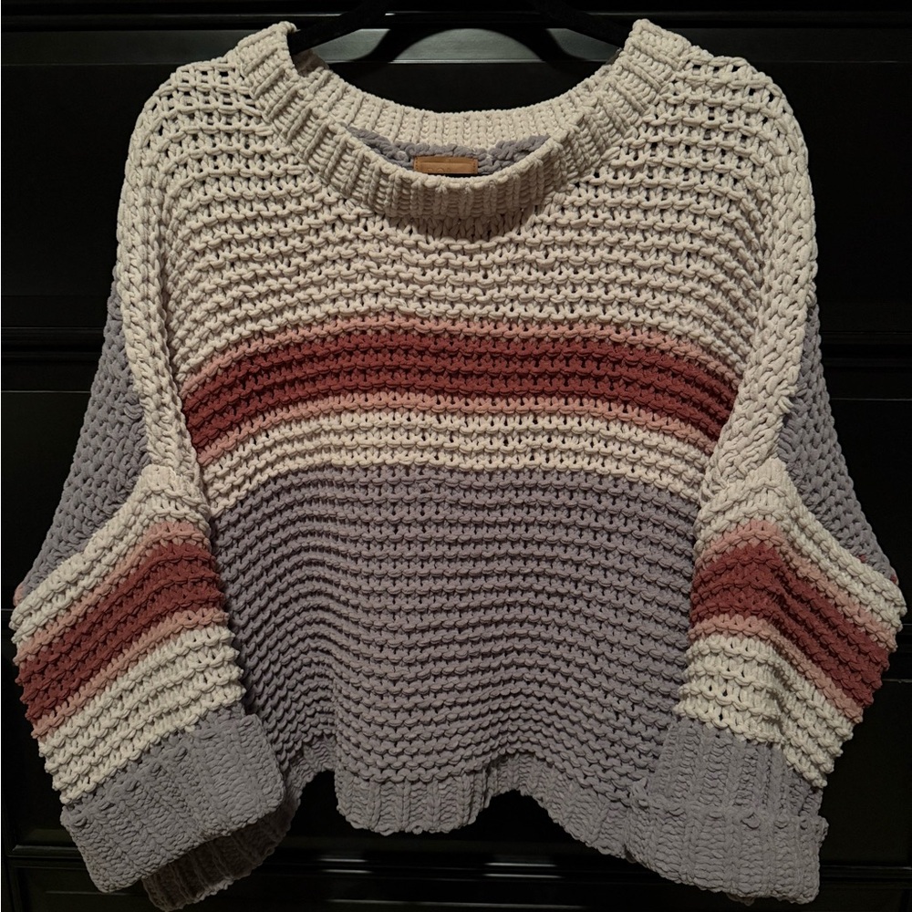 POL Striped Knit Sweater - Gray, Cream, and Rust